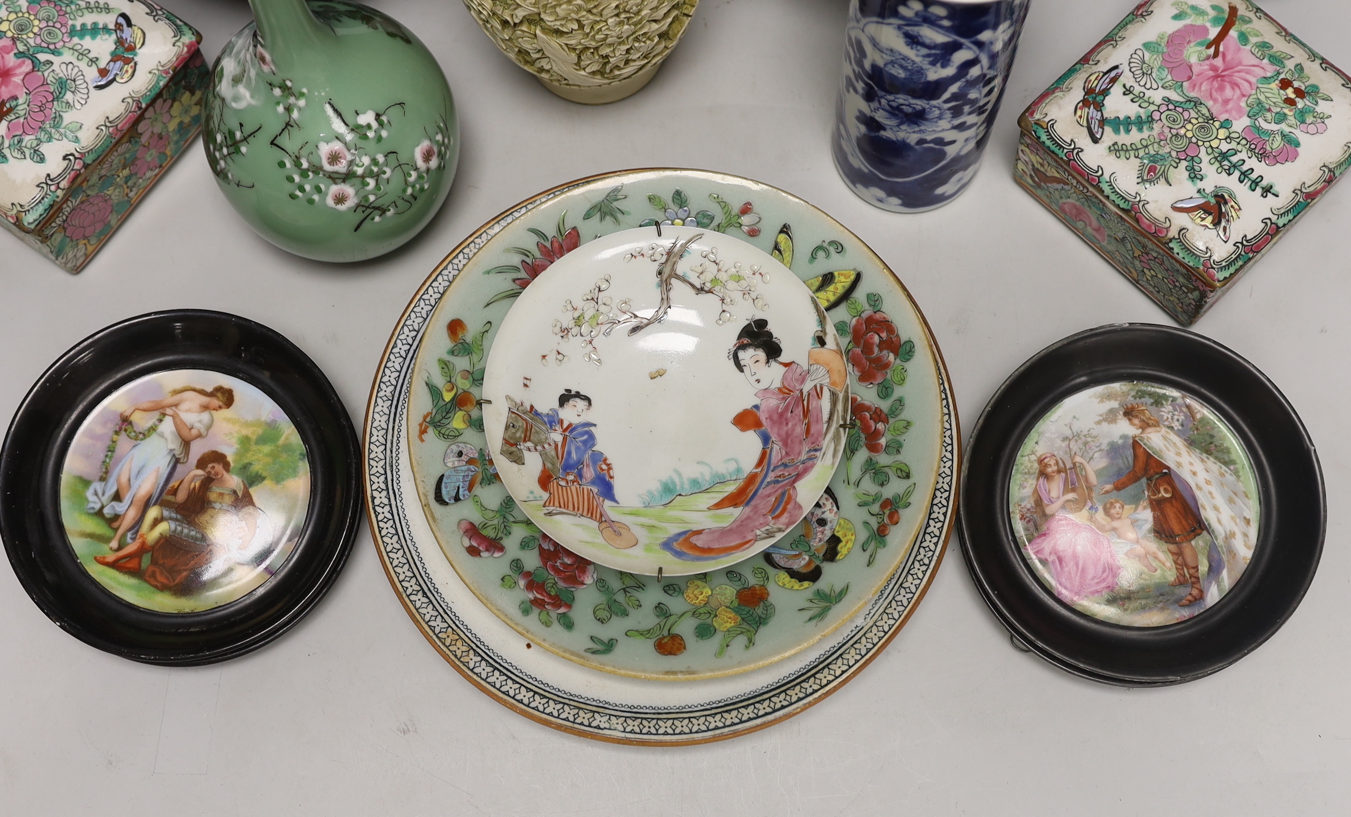 Mixed Oriental and European vases, plates, pots and dishes, tallest 37cm high